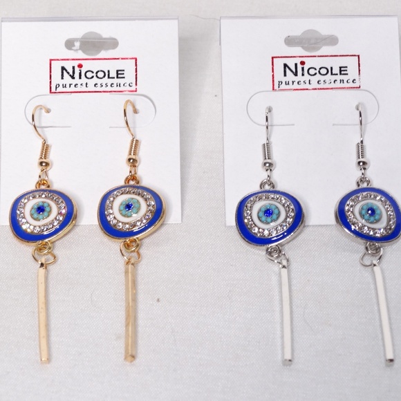 Evil Eye Dangling Earrings Rhinestone Silver Gold - Picture 1 of 2